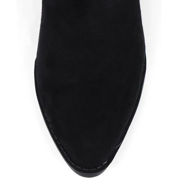 Women Black Suede Mid Calf Chunky Block Heel Western Embroidered Cowgirl Boot - Picture 5 of 7